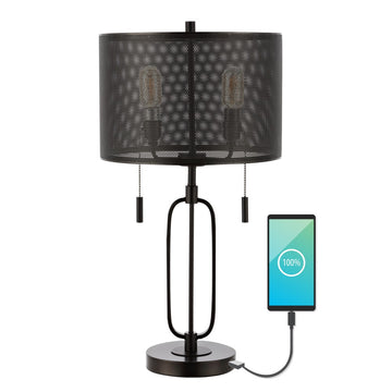 Hank 27" Industrial Farmhouse Iron LED Table Lamp with USB Charging Port - JONATHAN Y